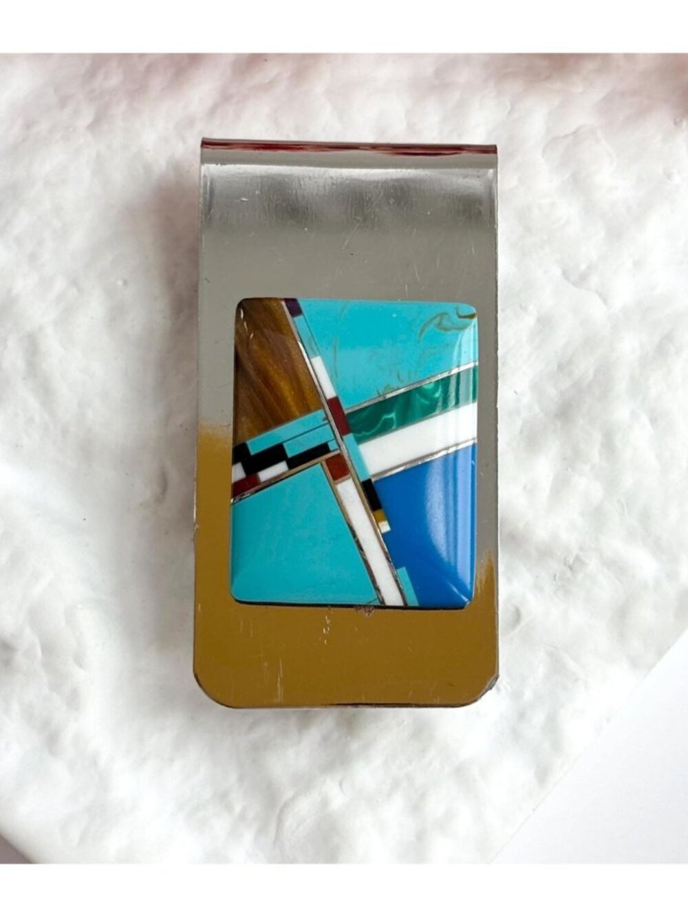 Genuine Stone Geometric Inlaid Southwes Vintage Stainless Steel Money Clip